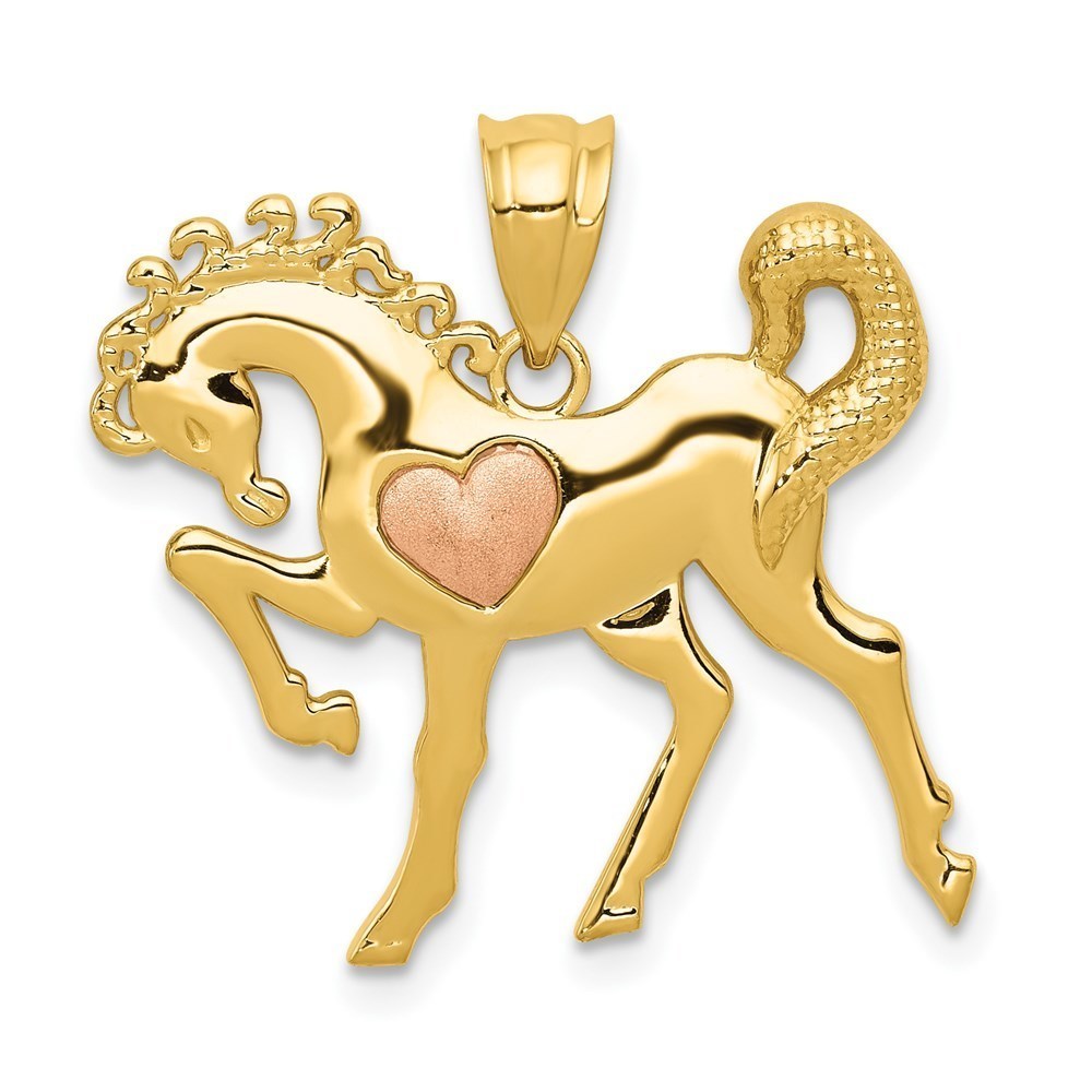 14k Yellow and Rose Gold Equestrian Horse w/Heart Necklace Charm Pendant